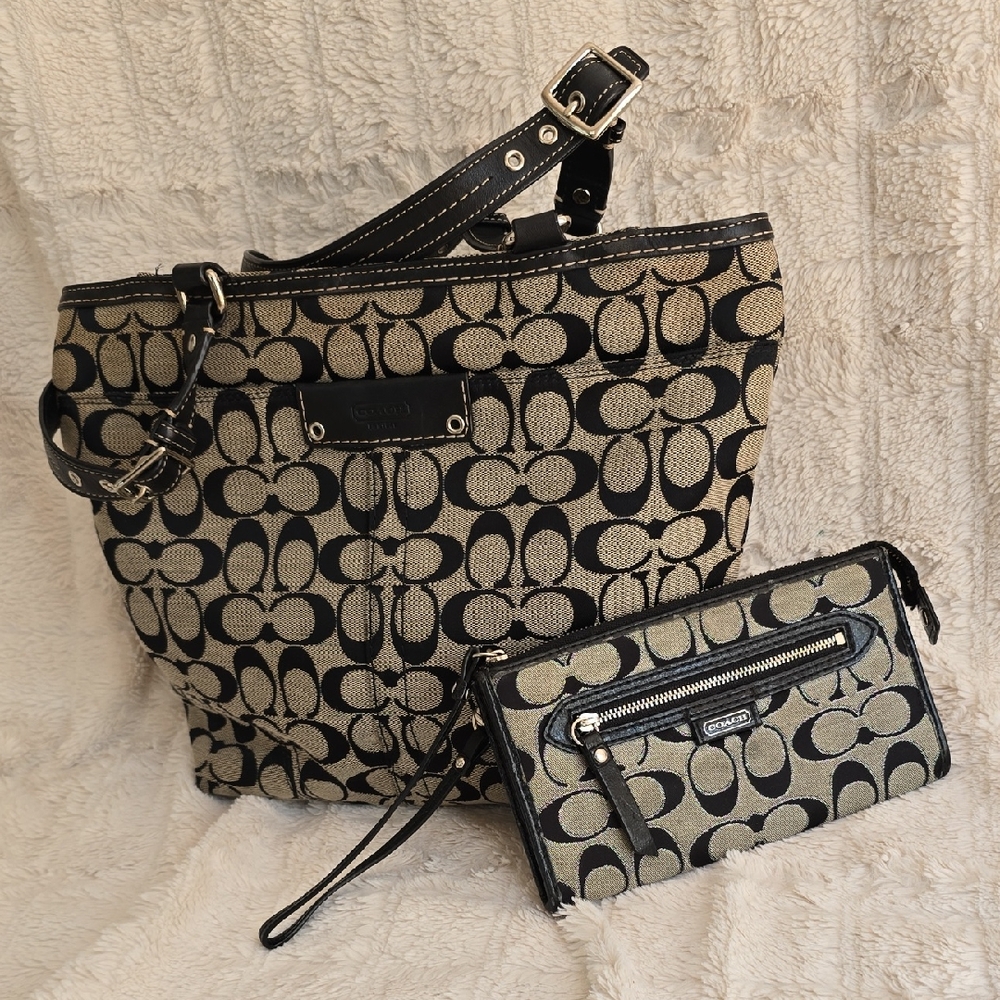 Coach Monogram Canvas Tote and Wristlet in Black and Tan